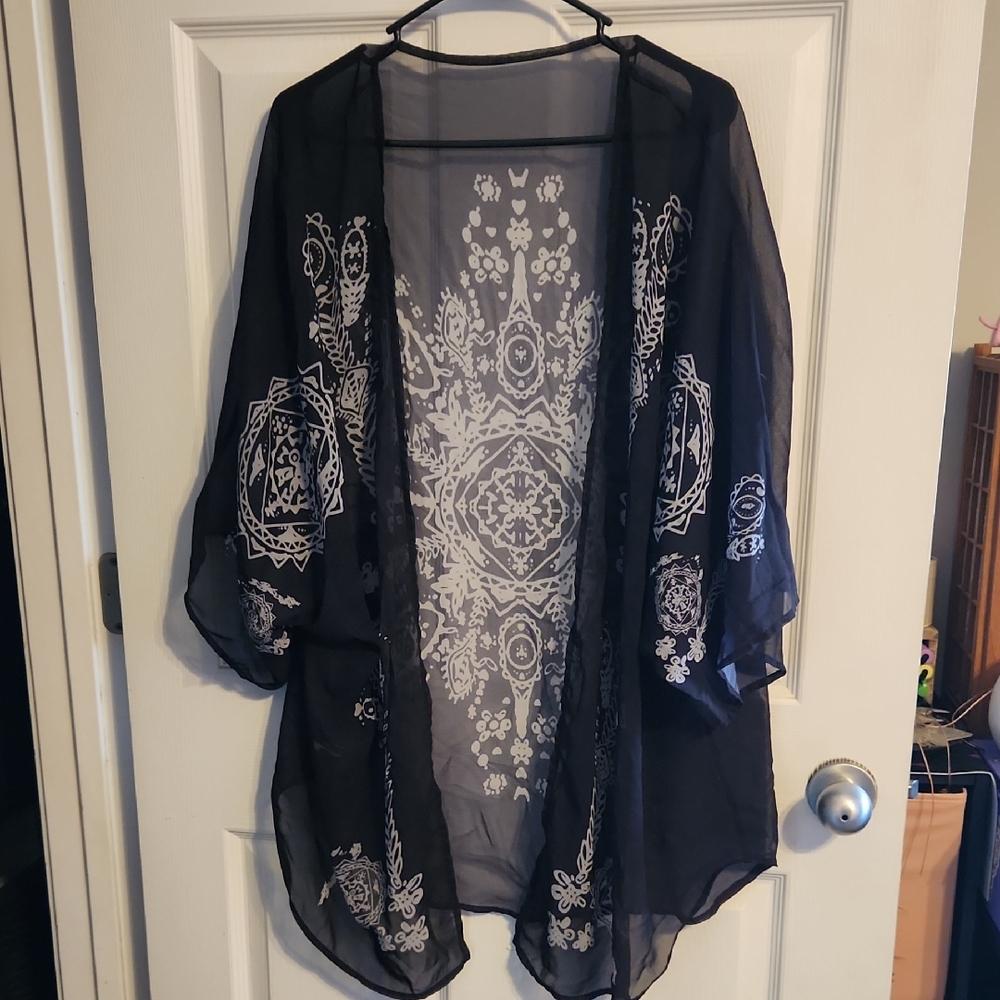 Black Sheer Kimono with White Floral Patterns
